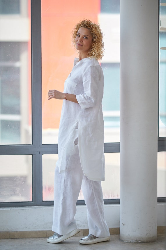 Women Linen Set, Summer Linen Set, Linen Clothing, Plus Size Linen Tunic,  Linen Tunic Shirt,linen Shirt Women,white Linen Set,wide Leg Pants 