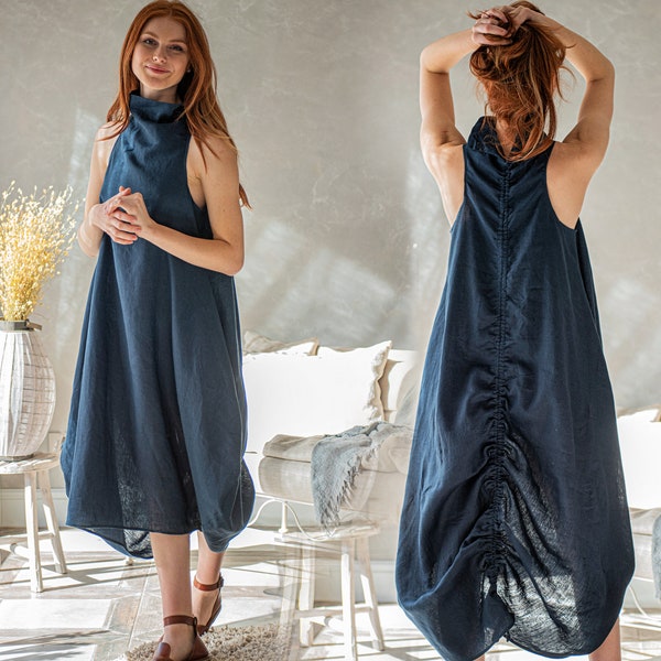 Linen Summer Dress, Midi Bubble Dress, Dark Blue Linen Dress, Casual Linen Dress, Linen Dress for Women, Linen Clothing, Plus Size Clothing