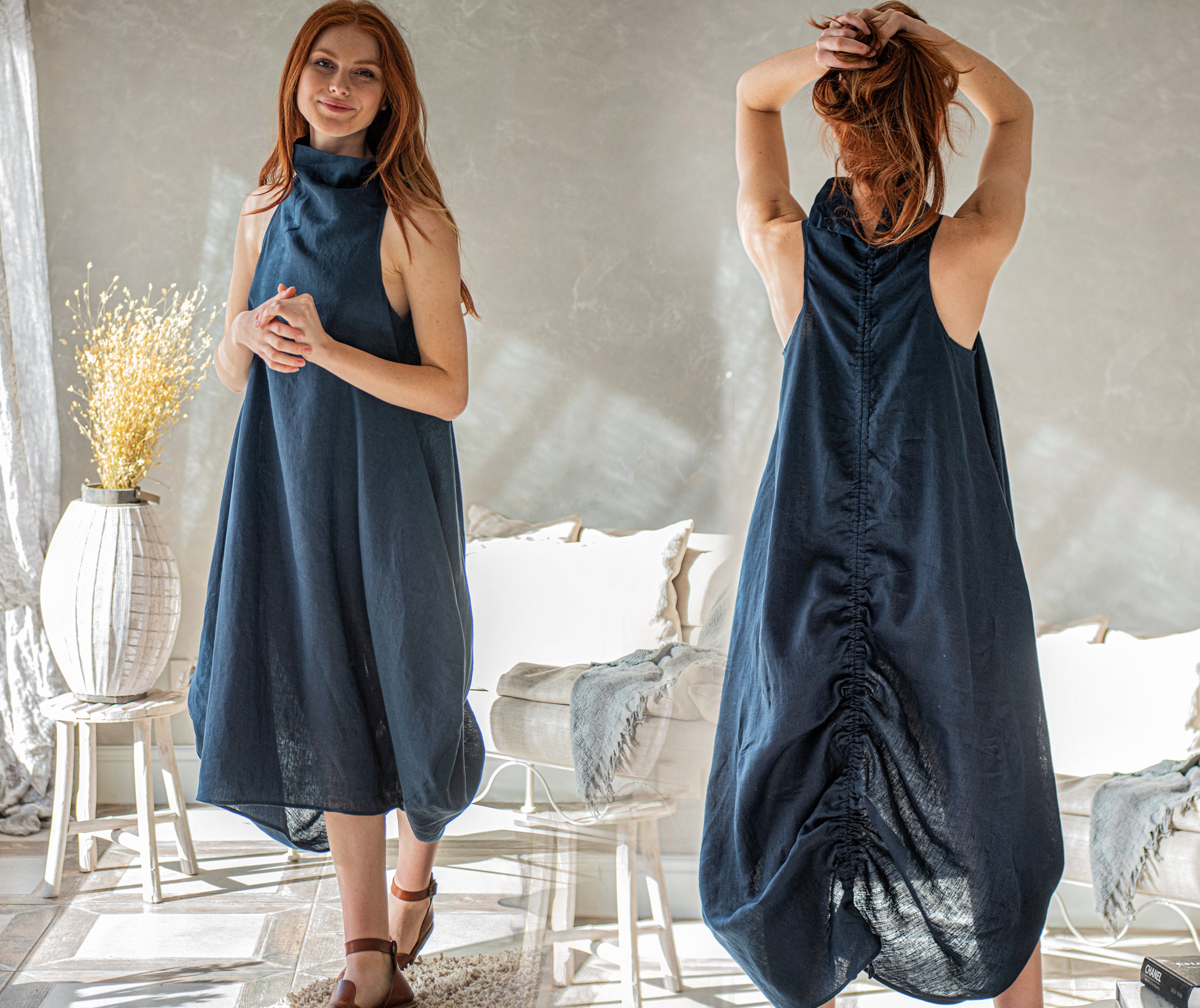Linen Summer Dress, Midi Bubble Dress, Dark Blue Linen Dress, Casual Linen Dress, Linen Dress for Women, Linen Clothing, Plus Size Clothing