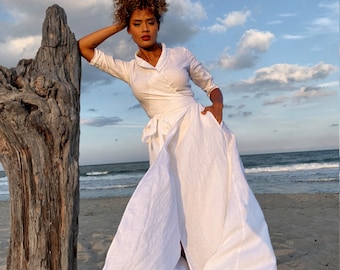 White Linen Maxi Wrap Dress, Boho Kaftan with Pockets, Summer Clothes