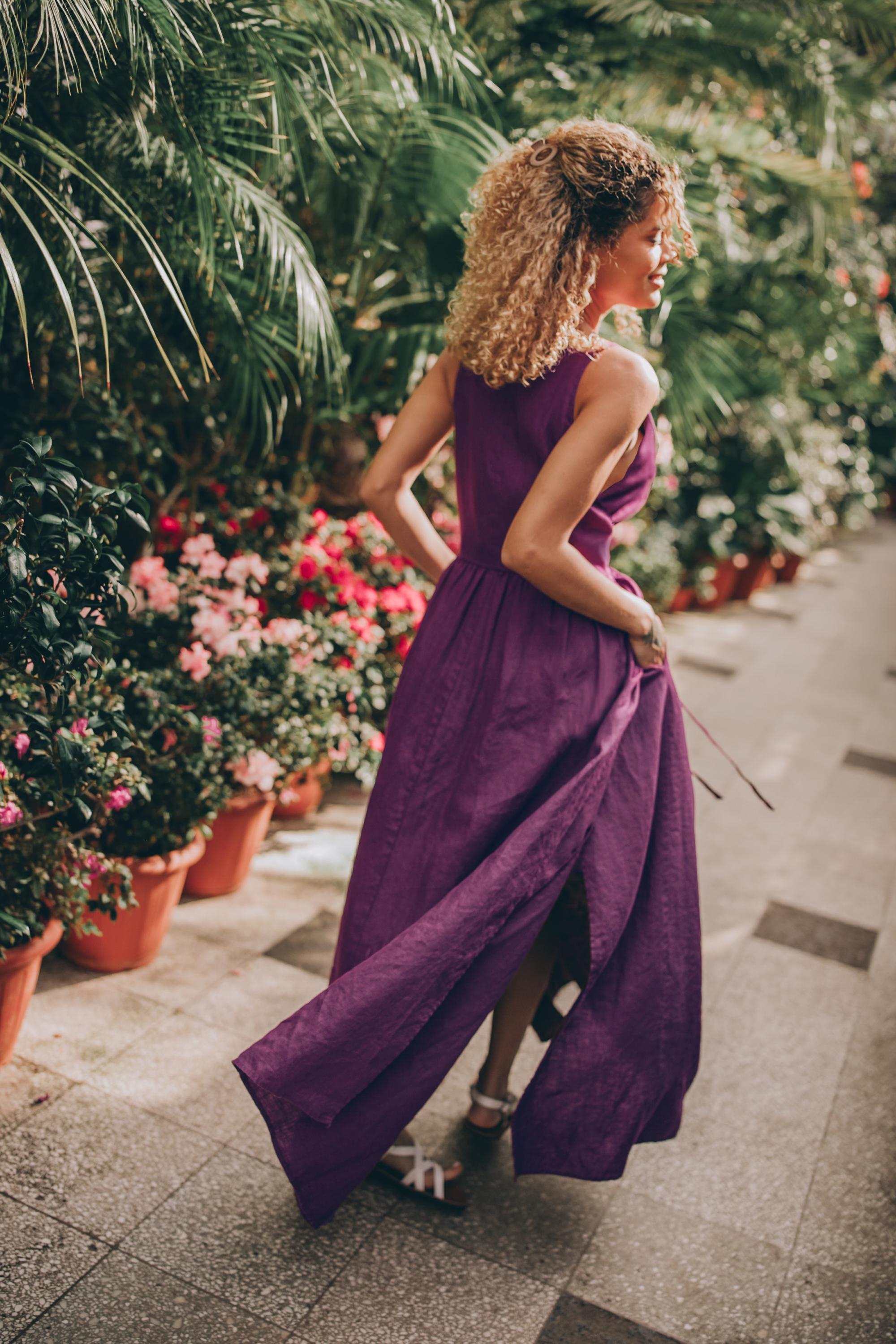Purple Linen Maxi Dress: Double Wrap, Pockets, Elegant Clothing Purple Linen Maxi Dress: Double Wrap, Pockets, Elegant Clothing