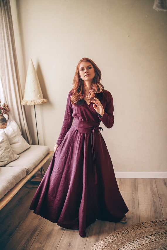 Plum Purple Linen Dress With Obi Belt and Pockets, Heavyweight