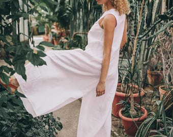 Wide Leg Linen Jumpsuit: White Maxi Jumpsuit with Pockets