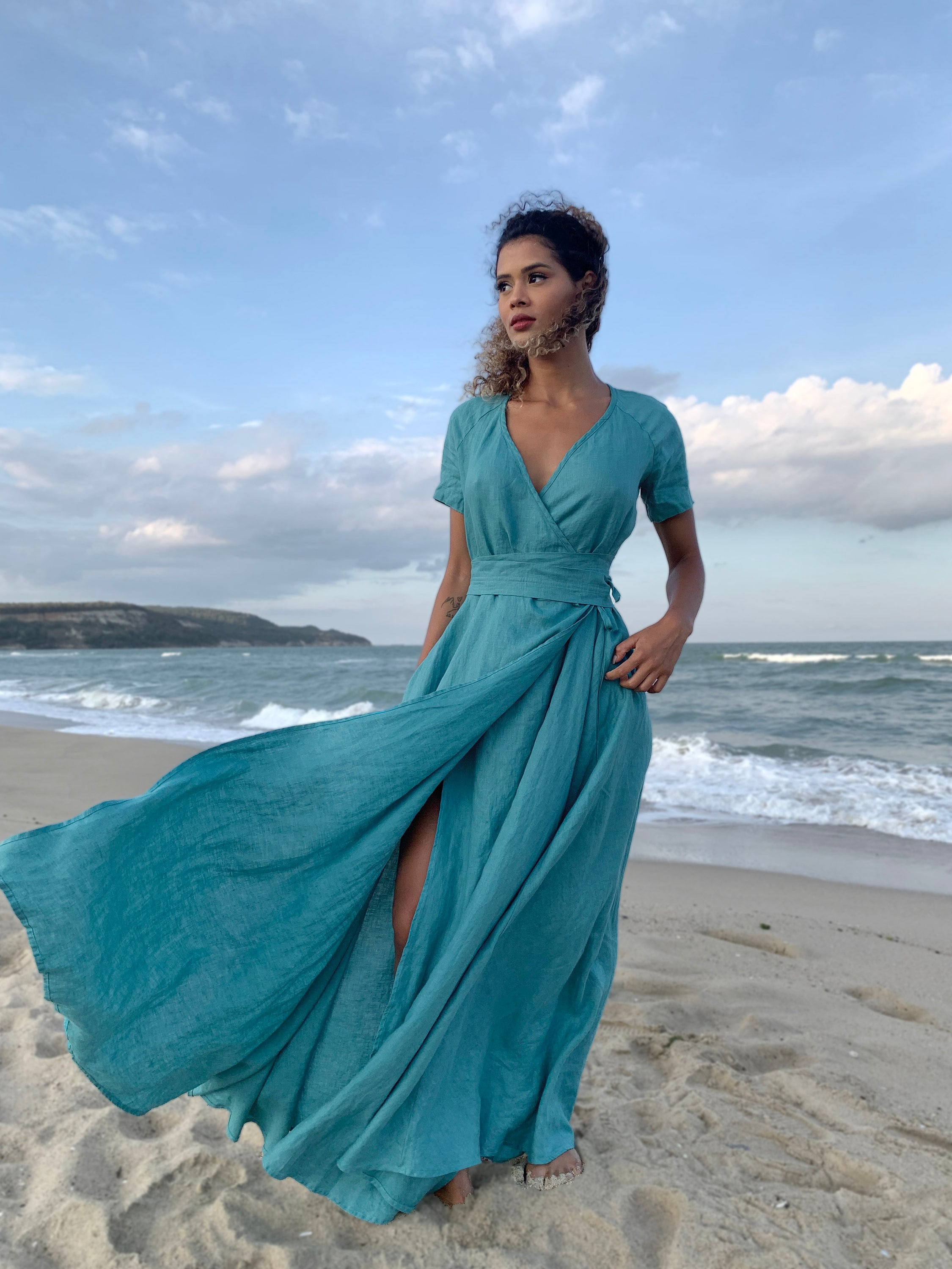 Linen Wrap Dress, Summer Maxi Dress with Belt, Bohemian Linen Dress, Formal Linen Dress for Women, Linen Clothing, Plus Size Maxi Dress, S / Blue