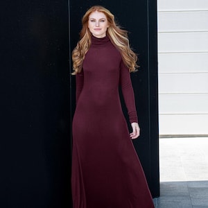 Burgundy Cotton Maxi Dress: Fine Knit Turtleneck Long Sleeve