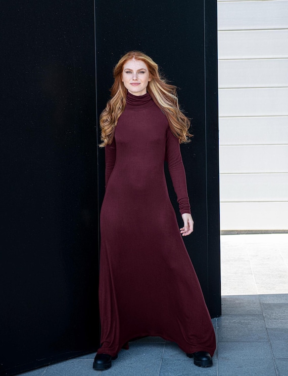 Burgundy Cotton Maxi Dress: Fine Knit Turtleneck Long Sleeve
