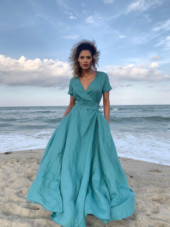 blue petite wrap dress Linen Dress, Summer Maxi with Belt, Bohemian Linen Dress, Formal Linen Dress for Women, Linen Clothing, Plus Size Maxi Dress, S / This maxi dress features RESORT2026 Blue Wedding Guest Dresses: Size:X-Large/17-17.5 Neck/34-35 Sleeve