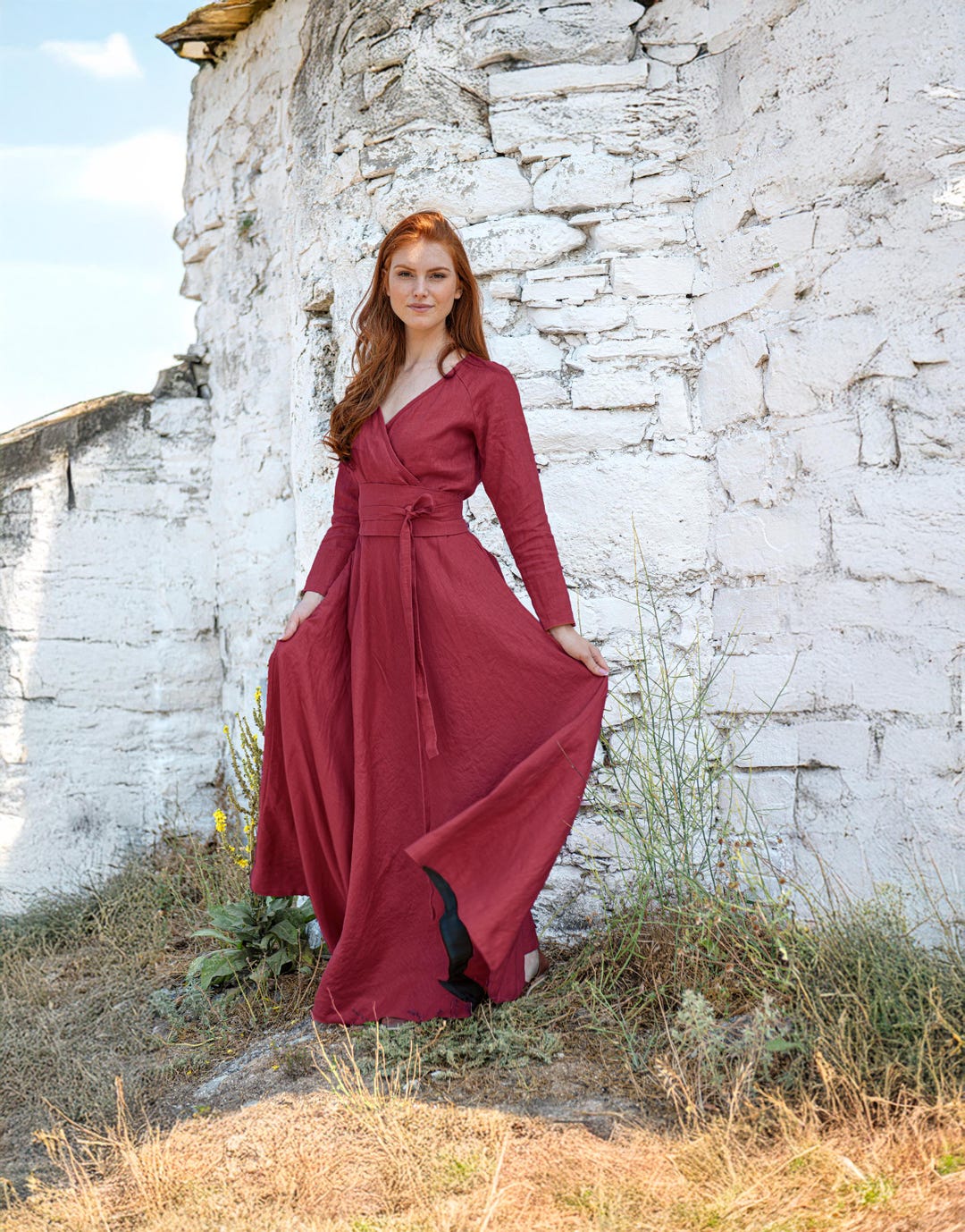 Raspberry Red Linen Maxi Dress: Faux Wrap Style with Obi Belt & Pockets Raspberry Red Linen Maxi Dress: Faux Wrap Style with Obi Belt & Pockets