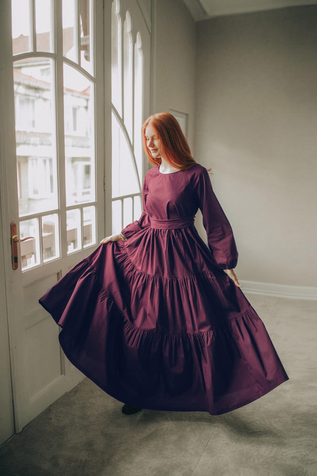 burgundy tiered maxi dress Cotton Dress, Tie Waist Boho Gown for Women, Wedding Guest Outfit, Fall Dress, Spring Clothing, S / Burgundy Lightweight woven chiffon shapes