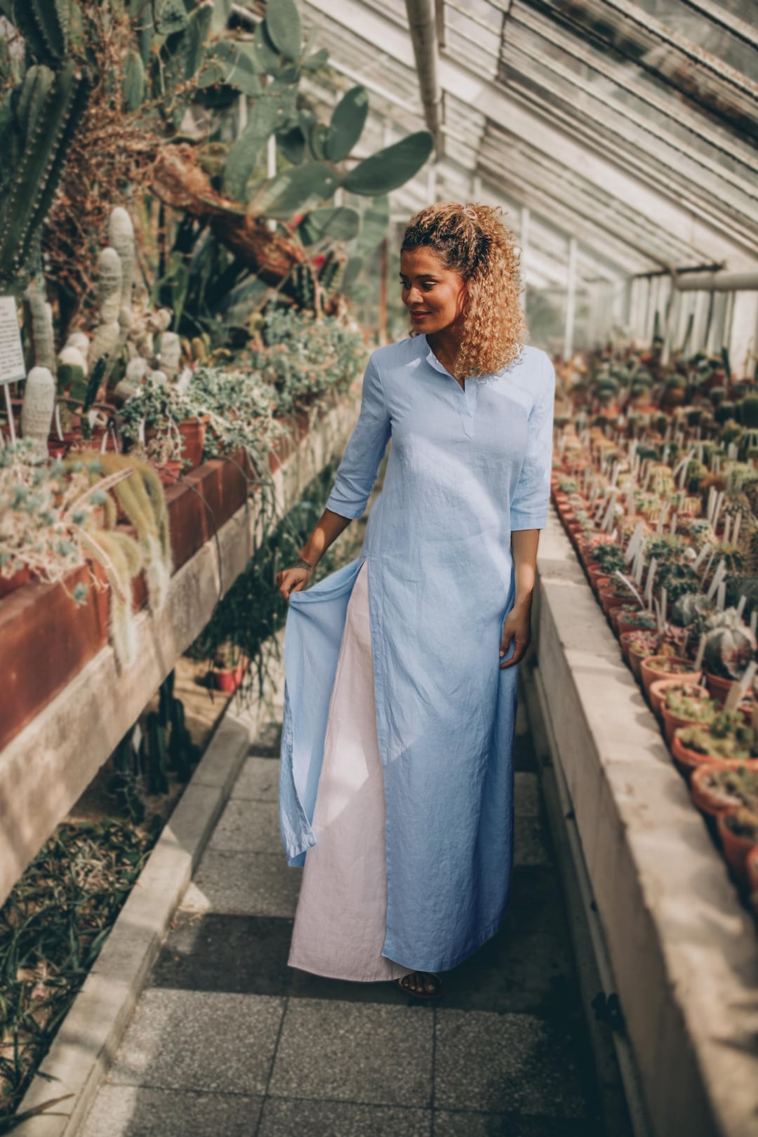 light blue linen shirt dress Blue Linen Midi Shirt Dress