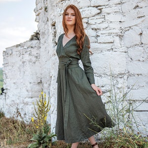 Linen Midi Dress, Heavy Linen Dress, Tie Waist Dress, Linen Spring Dress, Linen Clothing for Women, Long Sleeve Linen Dress, Plus Size Dress
