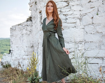 Linen Midi Dress, Heavy Linen Dress, Tie Waist Dress, Spring Linen Clothing for Women