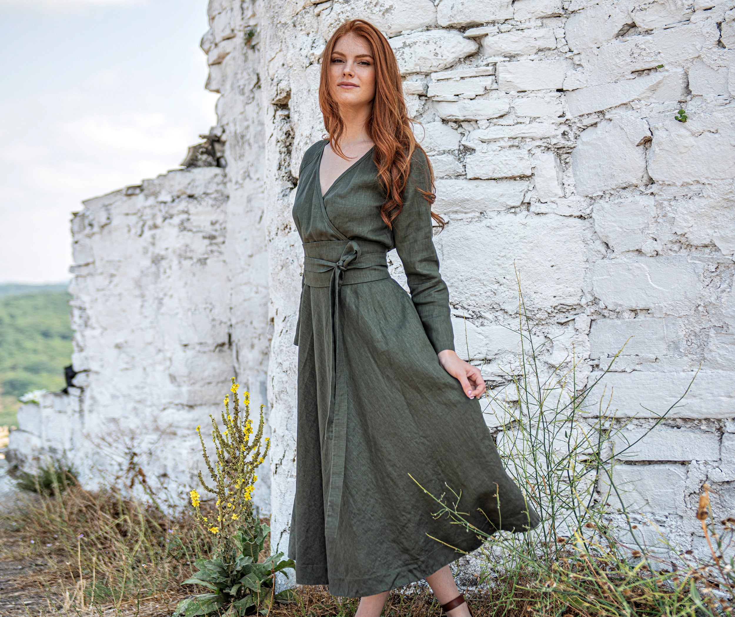 knee length dresses for ladies Cleo Linen Tie Waist Dress-Bright Blue, Ornate Border main image 0