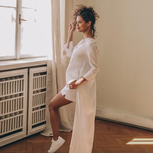 Asymmetrische Leinen Tunika: Weiße Boho Bluse, Kleidung in Übergröße