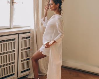 Asymmetrische Leinen Tunika: Weiße Boho Bluse, Kleidung in Übergröße