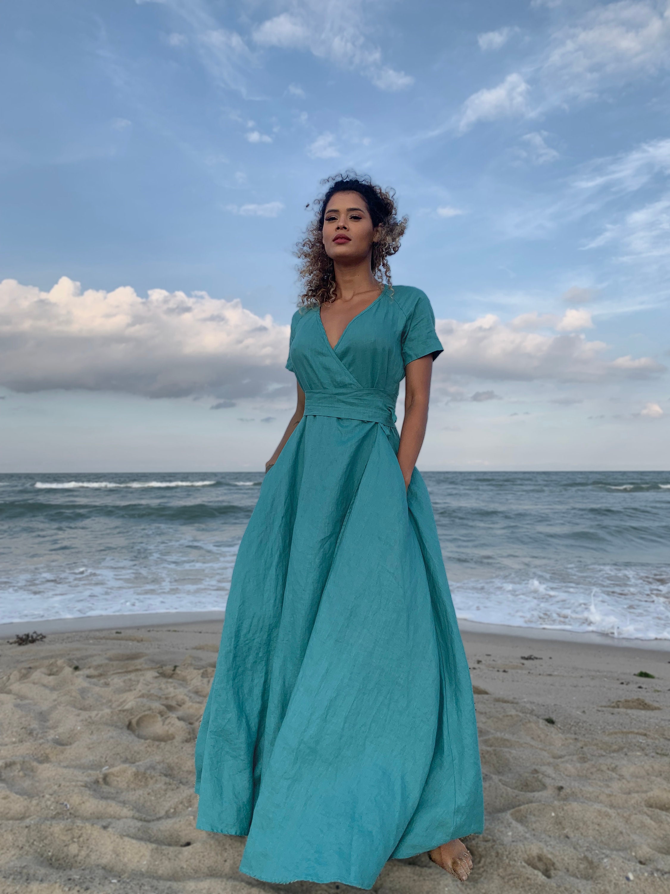 Linen Wrap Dress, Summer Maxi Dress with Belt, Bohemian Linen Dress, Formal Linen Dress for Women, Linen Clothing, Plus Size Maxi Dress, S / Blue