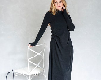 Maxi Sweater Dress: Hooded Black Knit - Cozy Fall Winter Style
