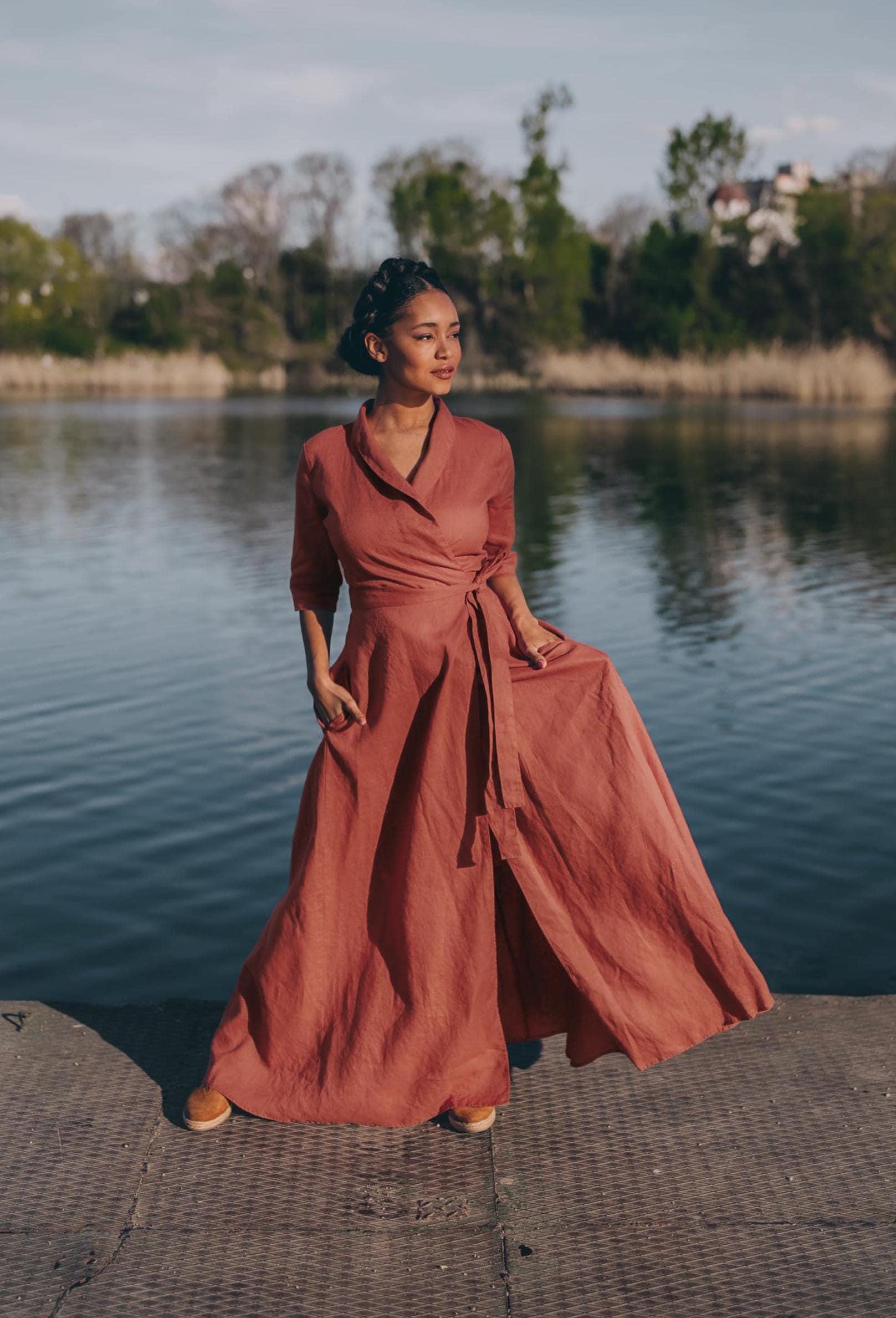 Linen Wrap Dress in Moroccan Red, Maxi Length, Shawl Collar, Pockets