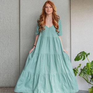 Linen Tiered Dress, Dusty Turquoise Dress, Victorian Dress, Plus Size Maxi Dress, Plus Size Clothing, Romantic Summer Dress, Kaftan Dress