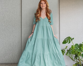 Linen Tiered Dress, Dusty Turquoise Dress, Victorian Dress, Plus Size Maxi Dress, Plus Size Clothing, Romantic Summer Dress, Kaftan Dress