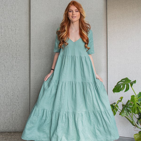 Linen Tiered Dress, Dusty Turquoise Dress, Victorian Dress, Plus Size Maxi Dress, Plus Size Clothing, Romantic Summer Dress, Kaftan Dress