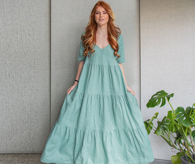 Linen Tiered Dress Dusty Turquoise Dress Victorian Dress - Etsy