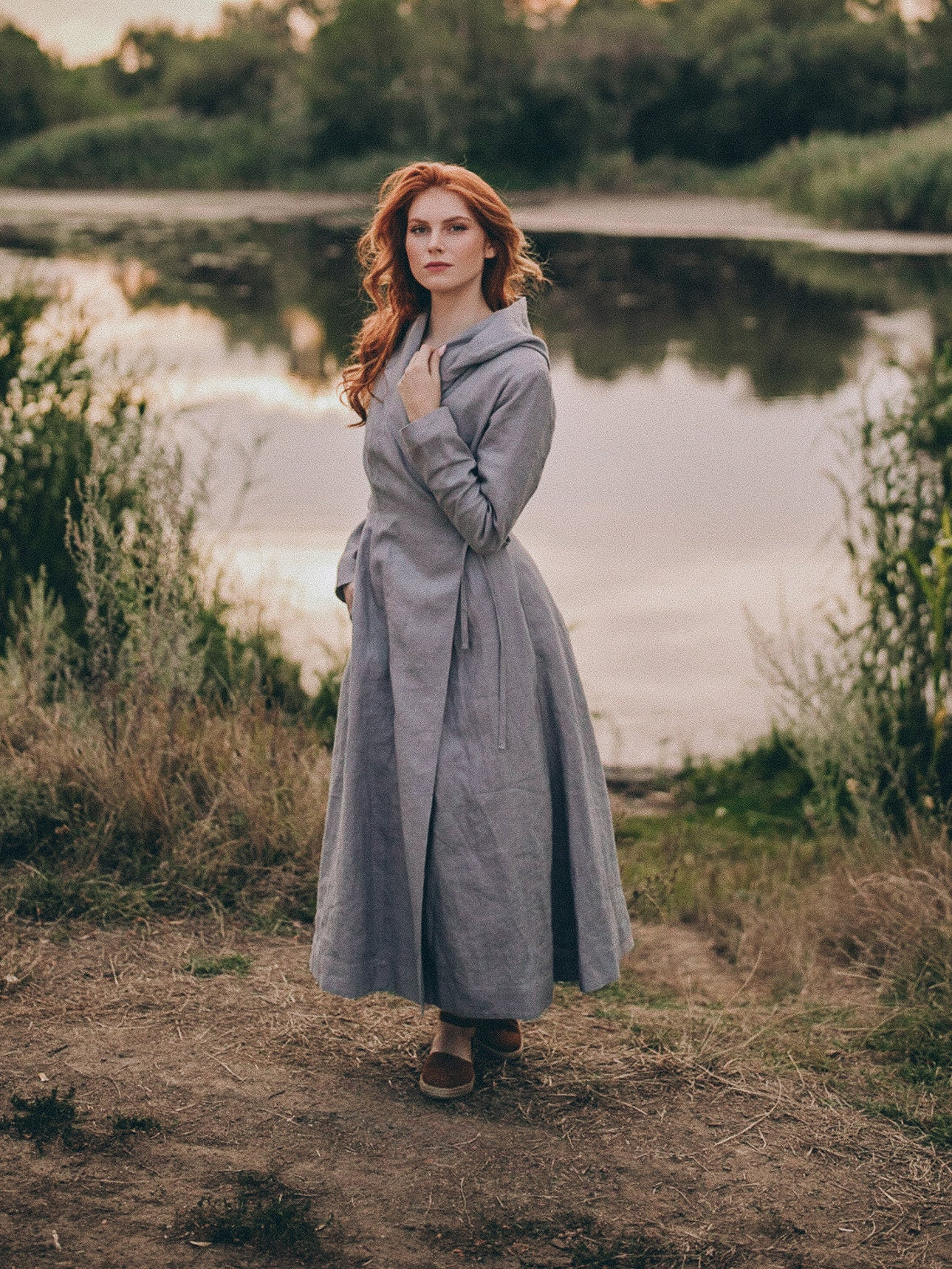 Heavy Linen Coat, Hooded Coat With Pockets, Linen Wrap Coat