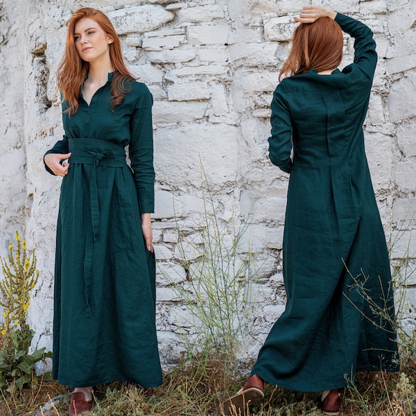 Modest Linen Dress, Linen Maxi Dress, Long Sleeve Linen Dress, Emerald Green Linen Dress, Linen Kaftan, Linen Abaya, Plus Size Clothing