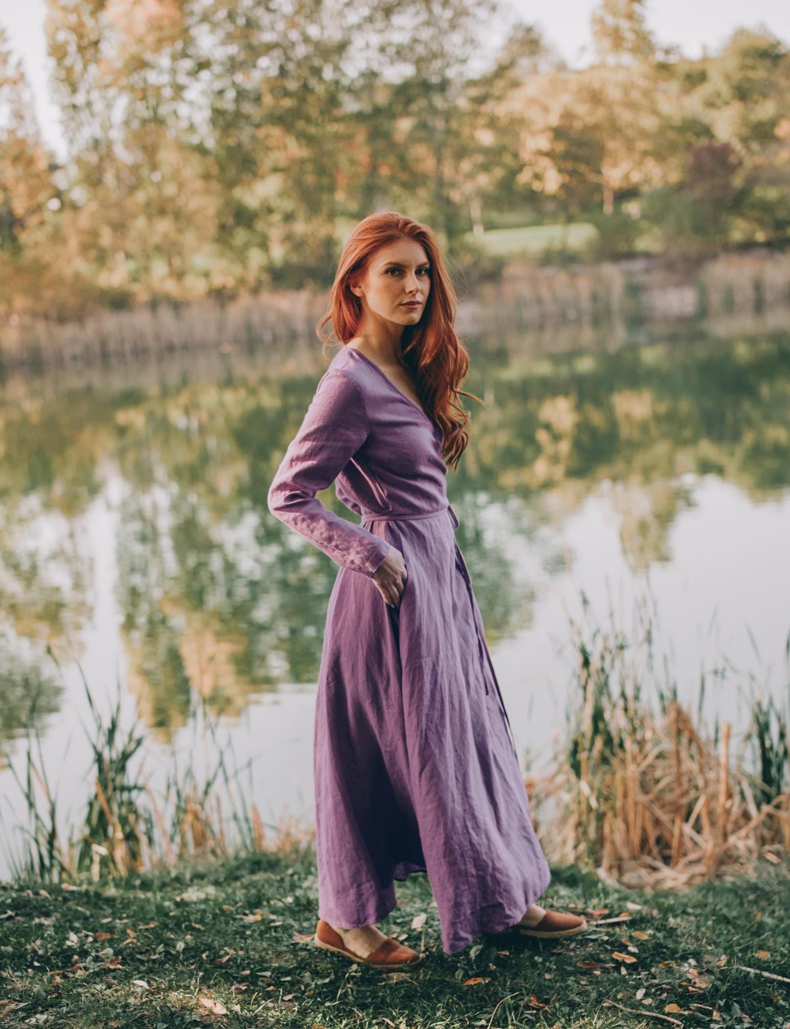 Heavyweight Linen Wrap Dress: Lavender Maxi Gown