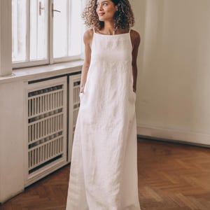 Abito lungo da donna in lino bianco, abito minimalista con tasche, abbigliamento estivo