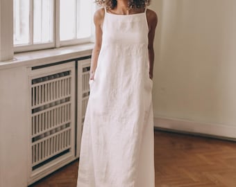 White Linen Maxi Dress for Women, Minimalist Dress with Pockets, Summer Clothing
