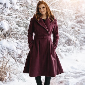 Merino Wool Midi Coat with Hood - Burgundy Winter Overcoat