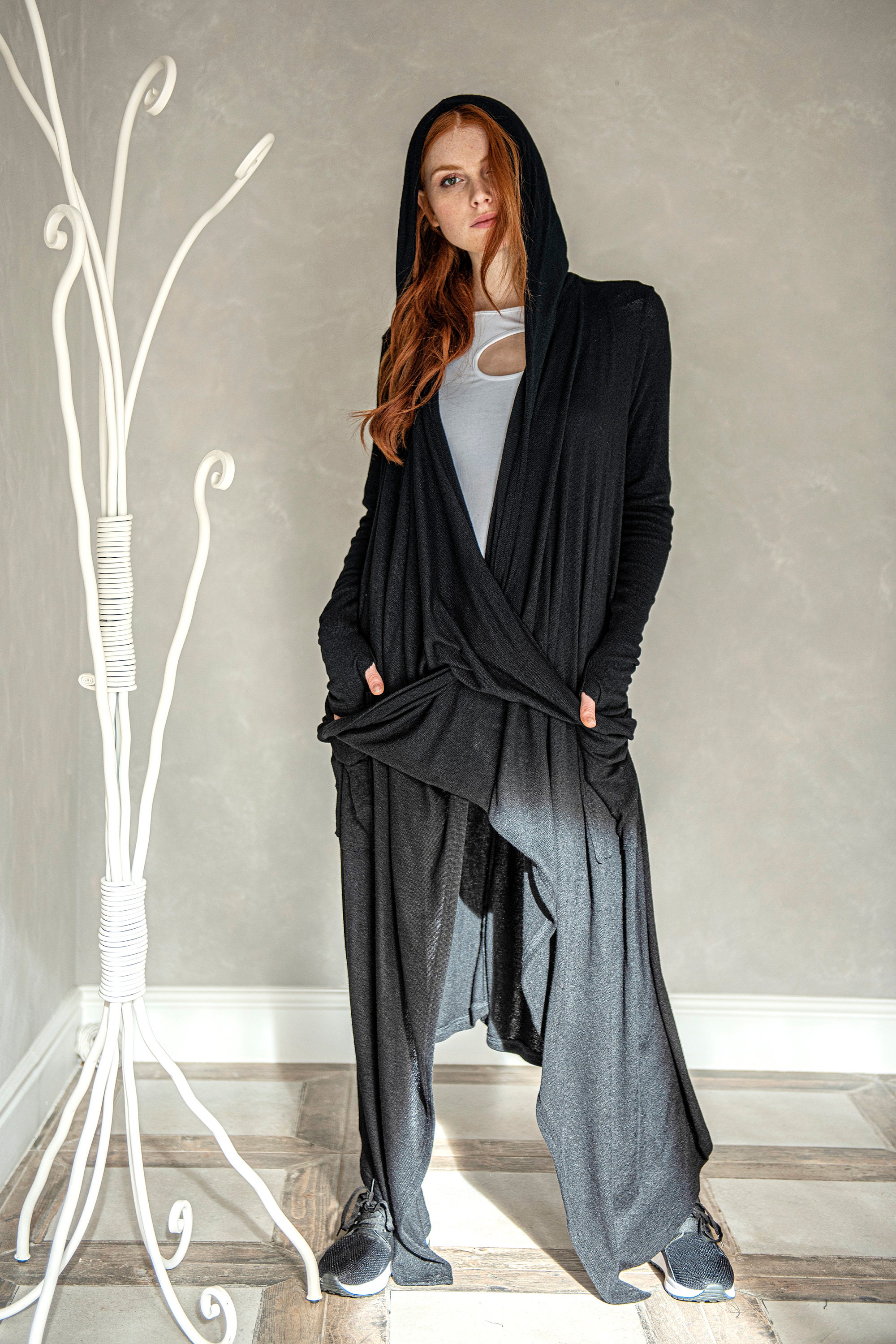 long hooded cardigan outfit