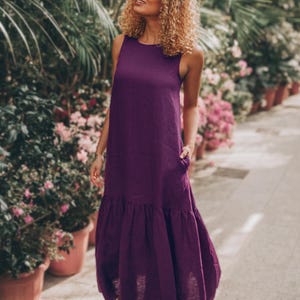 Summer Midi Dress in Purple, Sleeveless Linen Dress with Pockets, Light Linen Dress for Women, Linen Summer Dress, Minimalist Linen Clothes