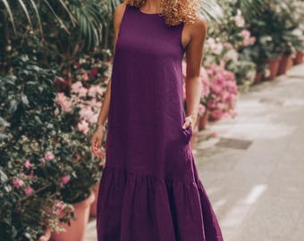 Purple Linen Dress for Women: Sleeveless Summer Dress with Pockets, Midi Length