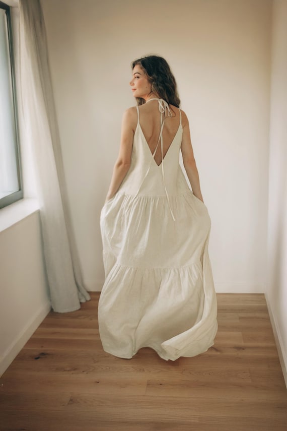 Tiered Linen Maxi Dress with Pockets - Relaxed Fit Summer Long Dress, S / Cream (picture) Tiered Linen Maxi Dress with Pockets - Relaxed Fit Summer Long Dress, S / Cream (picture)