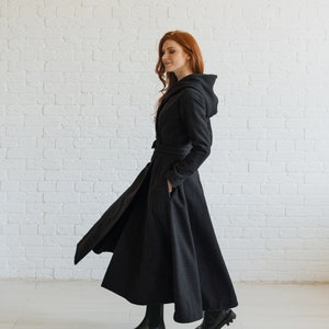 Hooded Wool Coat, Winter Coat, Princess Coat, Plus Size Winter Clothing, Long Coat, Dark Green Maxi Coat, Belt Coat, Elegant Coat for Women Black