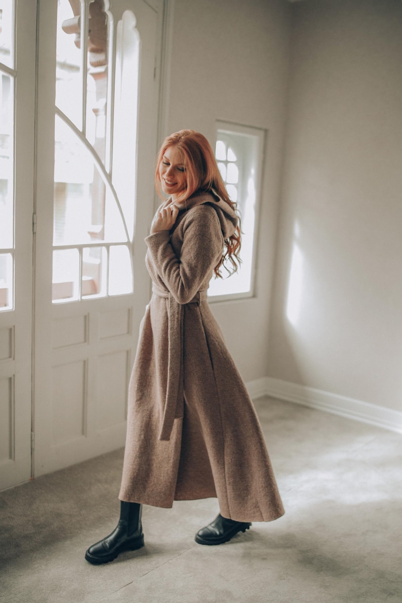 Wool Maxi Cardigan Coat: Hooded, Belted, with Pockets, Fall Winter Clothing image 10