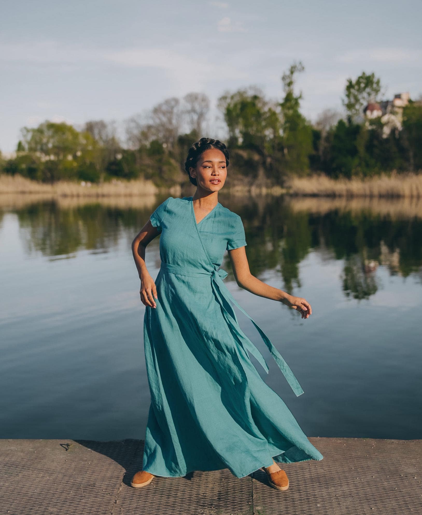 green blue dress women Short Sleeve Linen Maxi Dress with Tie Waist - Summer Maxi Dress - Linen Wrap Dress for Women