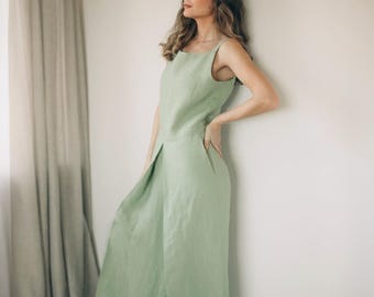 100% Linen Wide Leg Jumpsuit – Minimalist Straps, Pockets, Pleated Front