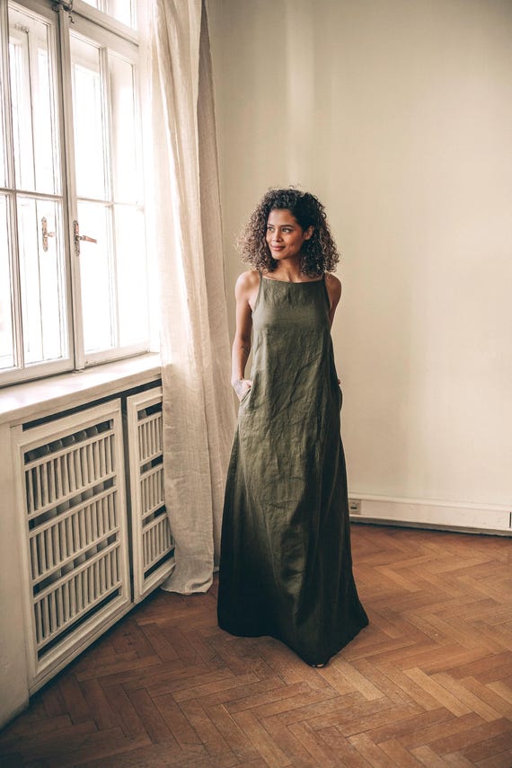 Linen Maxi Dress - Simple Linen Dress - Linen Spaghetti Strap Dress - Plus Size Clothing - Linen Dress Women - Linen Clothing - Khaki Dress, XS / Deep