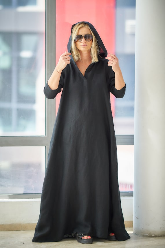 Black Linen Dress Linen Hoodie Black Maxi Dress Plus Size - Etsy