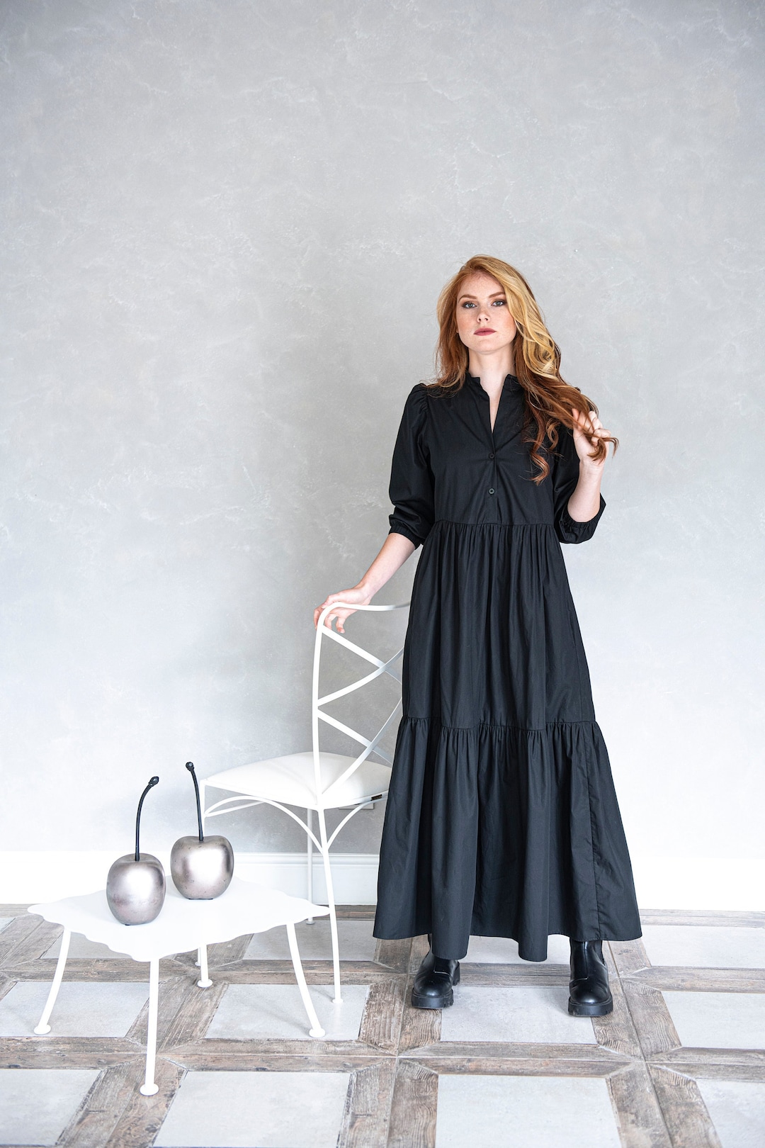 ワンピース Tagliatore Dresses Black Maxi Dress, Tiered Cotton Maxi Dress, Puff Sleeve Maxi