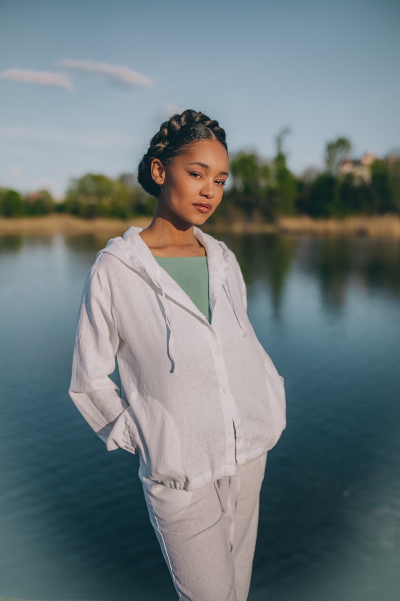 Veste d'été à capuche en lin, sweat-shirt en lin, sweat à capuche avec poches, cardigan d'été en lin, vêtements en lin pour femme grandes tailles, chemise en lin épais image 2