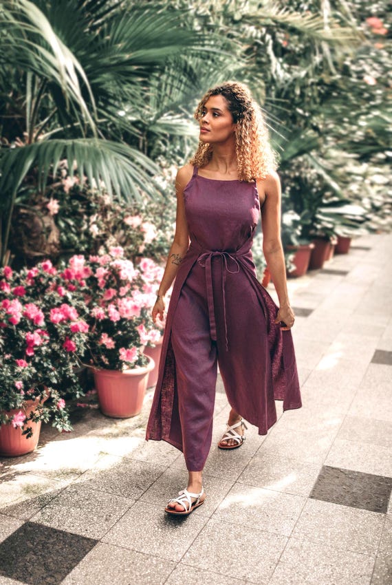 knee length dresses for ladies Linen Double Wrap Jumpsuit, Linen Summer Jumpsuit, Linen Dress for Women, Amethyst Designer Jumpsuit, Handmade Linen Clothing, Linen overall, M /