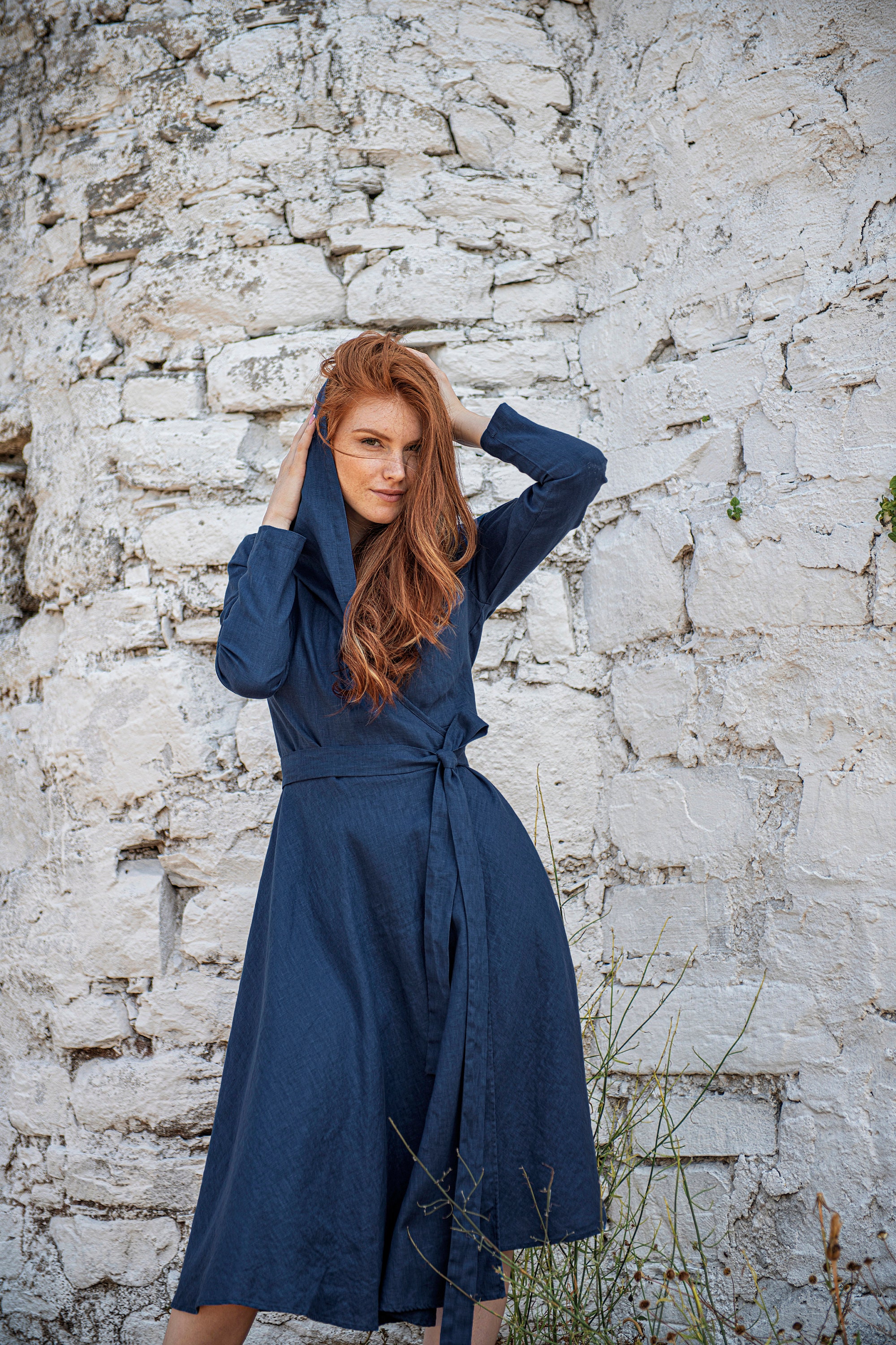 Hooded Linen Dress Dark Blue Linen Dress Heavy Linen Dress