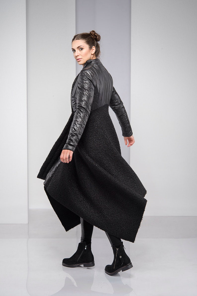 Maxi Coat for Women, Winter Coat, Merino Wool Coat, Black Hooded Coat, Cyberpunk Coat, Plus Size Coat, Asymmetric Coat, Plus Size Clothing image 6