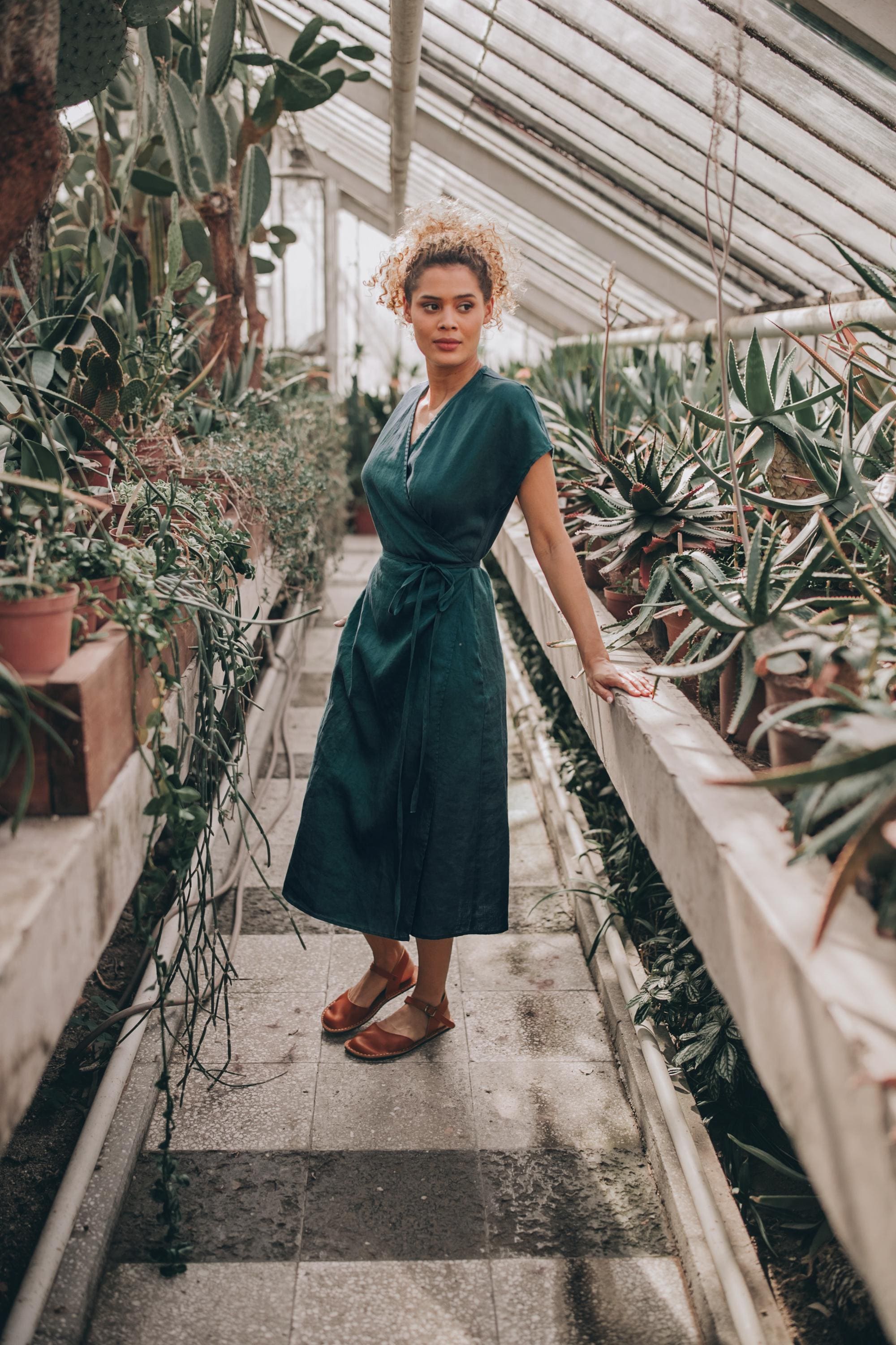 Bond Girl Dresses Linen Wrap Dress With Cap Sleeves: Dark Green Midi Summer Dress Hong Kong Bond Girl Dresses Linen Wrap Dress With Cap Sleeves: Dark Green Midi Summer Dress Hong Kong