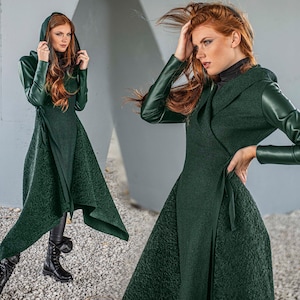 Emerald Green Coat for Women, Winter Coat, Maxi Coat, Asymmetrical Coat, Hooded Coat, Long Emerald Coat, Plus Size Clothing, Elegant Coat