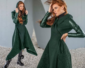 Grüner Mantel für Frauen, Wintermantel, Maximantel, asymmetrischer Mantel, Kapuzenmantel, langer Smaragdmantel, Kleidung in Übergröße, eleganter Strickjackenmantel